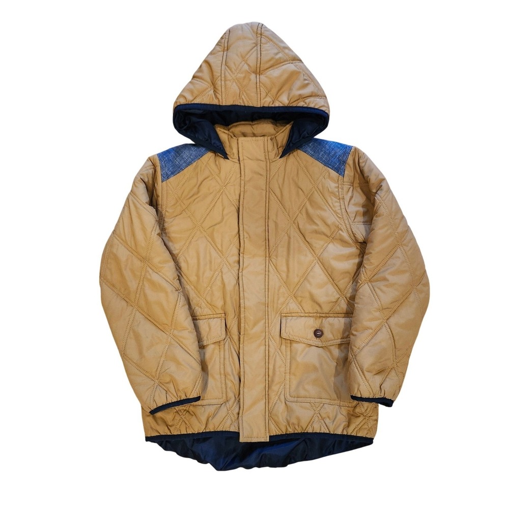 Gymboree Boys Diamond Quilted Hooded Jacket Tan Blue Accent Size L 10-12